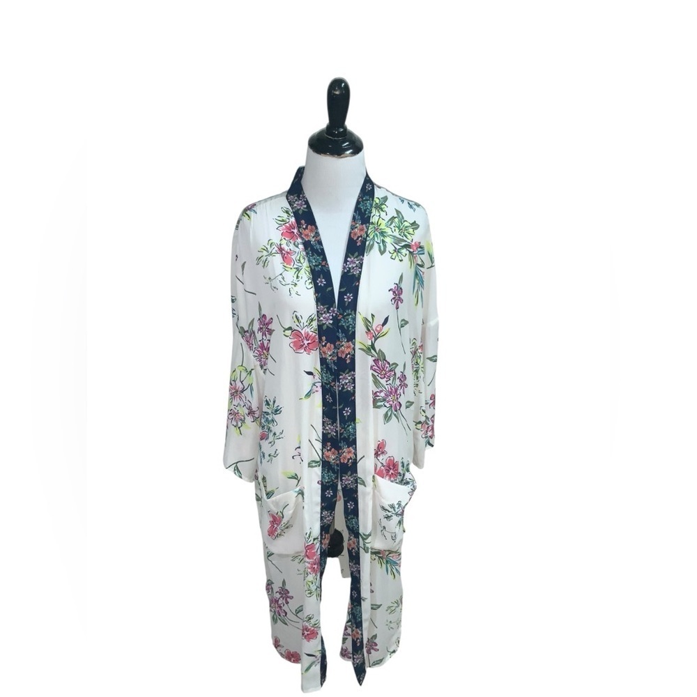 Time and Tru Women's L Large Open Front Kimono Top 3/4 Sleeves Sheer Floral Boho